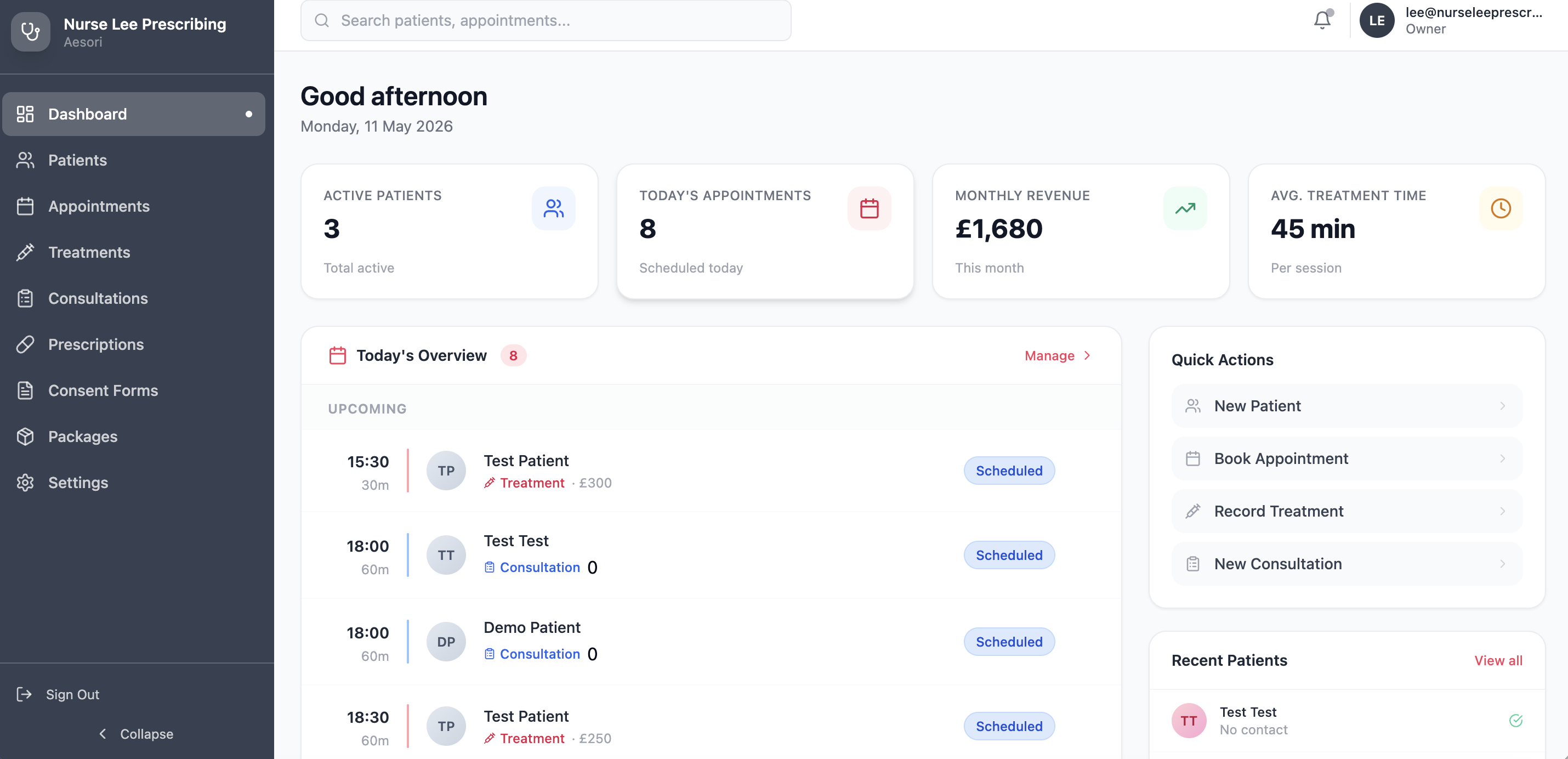 Aesori aesthetics clinic software — Clinic Dashboard screen