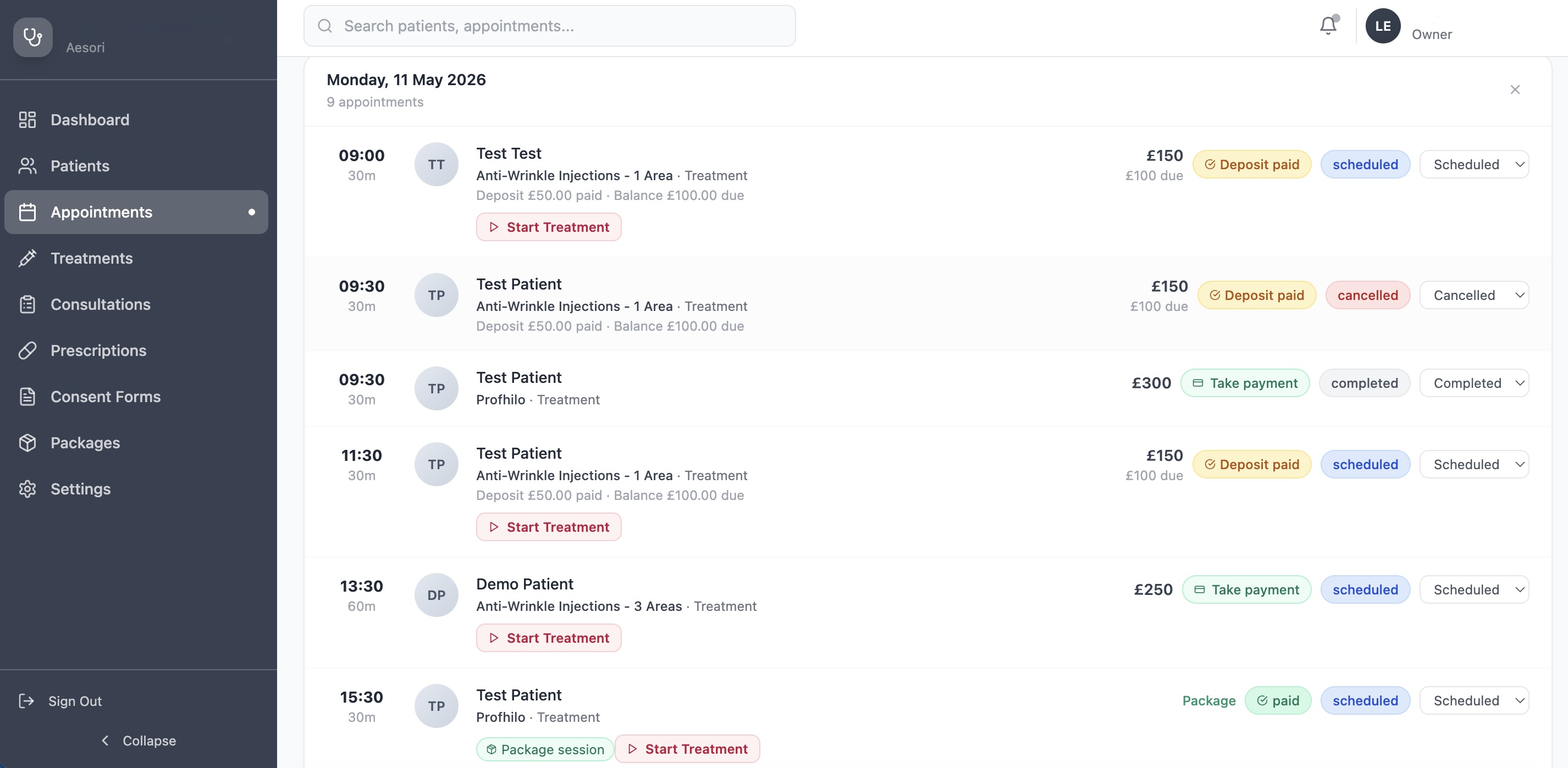 Aesori aesthetics clinic software — Appointment Management screen
