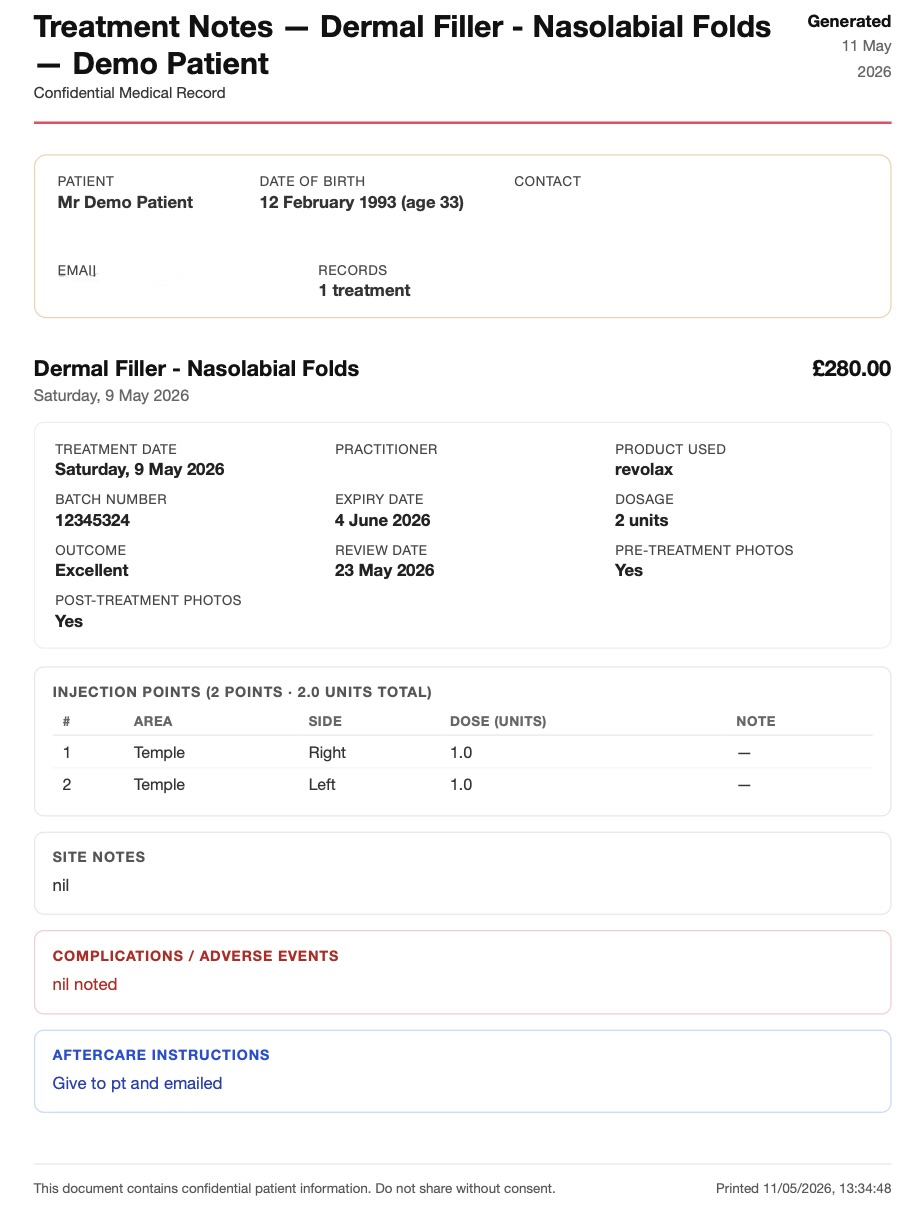 Aesori aesthetics clinic software — Treatment Records screen